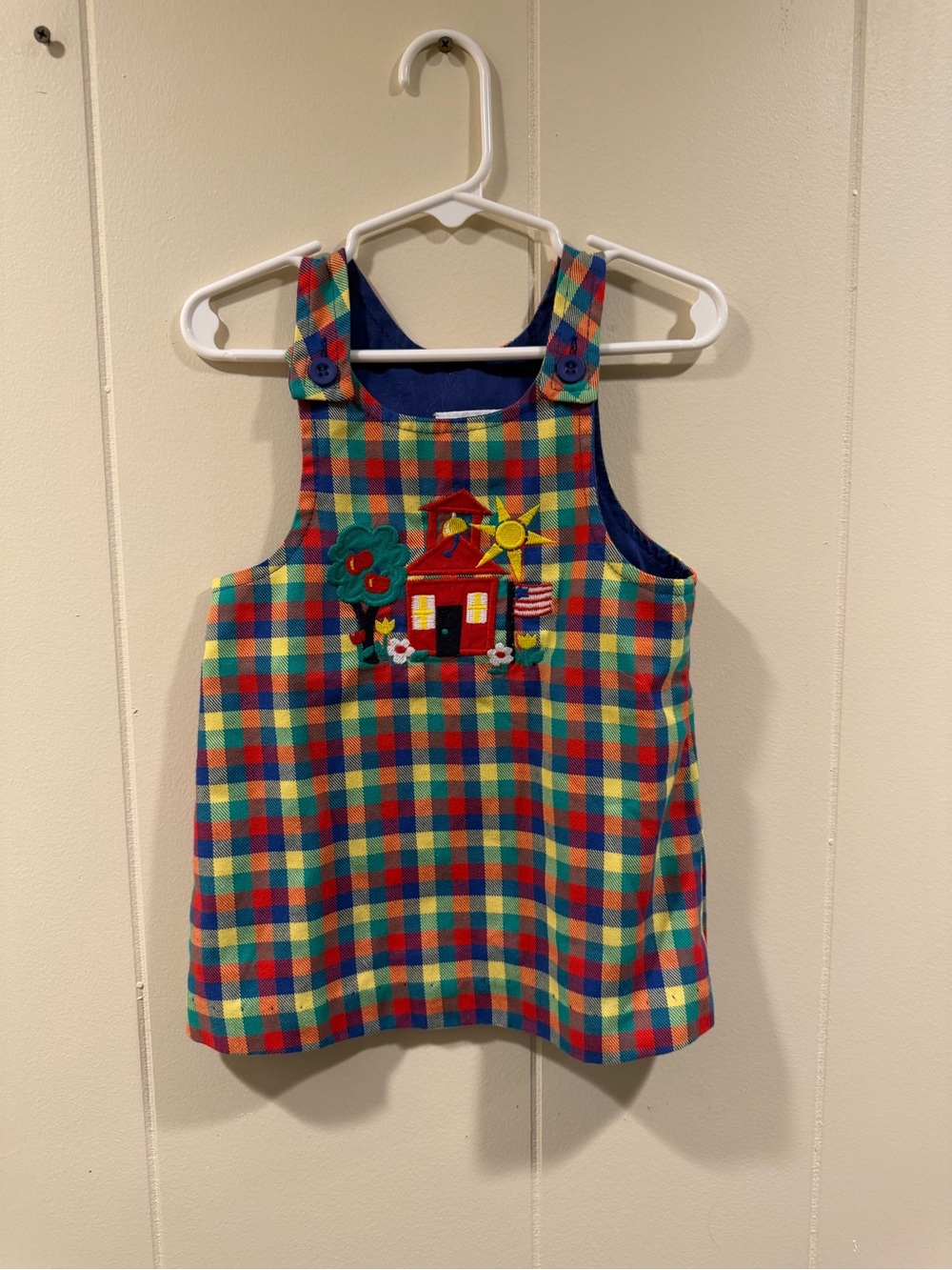 FRIENDS Colorful Plaid Toddler Pinafore with Blue Button